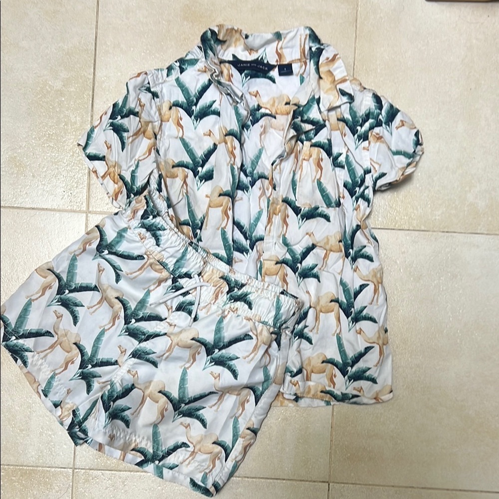 Janie and Jack Camel and Palm Leaf Print Shirt and Matching Swim Shorts.